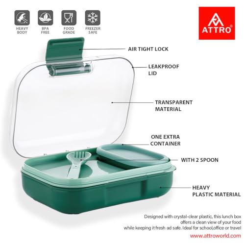 Image of ATTRO Food Bite Kids Plastic Lunch Box - 3 Compartments, 1 Small Container & Spoon, with Stylish Lid BPA-Free, Freezer Safe, Ideal for School, Travel & Outdoor - Green