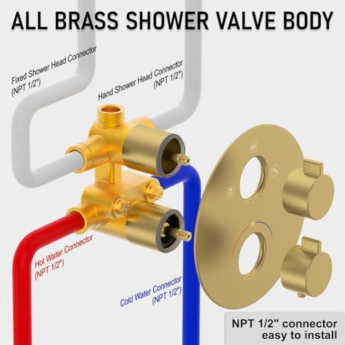 Image of Iriber Thermostatic Shower System Wall Mount with 10 Inch Roud Rainfall Shower Head and Handheld,Shower Faucet Mixer Trim Kit (Valve Included),Brushed Gold