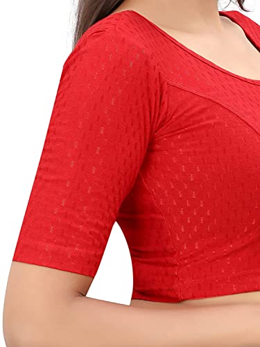 Image of Bhochi Round Neck Cotton Spendex|Stretchable Blouse for Women|Readymade Blouse for Women|Blouses|Stretchable Blouse Readymade| Above Elbow Sleeve