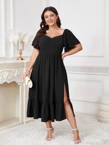 Image of SCOMCHIC Womens Plus Size Wedding Guest Cocktail Dresses Sweetheart Neckline Short Sleeve Smocked Ruffle Slit Maxi Dress