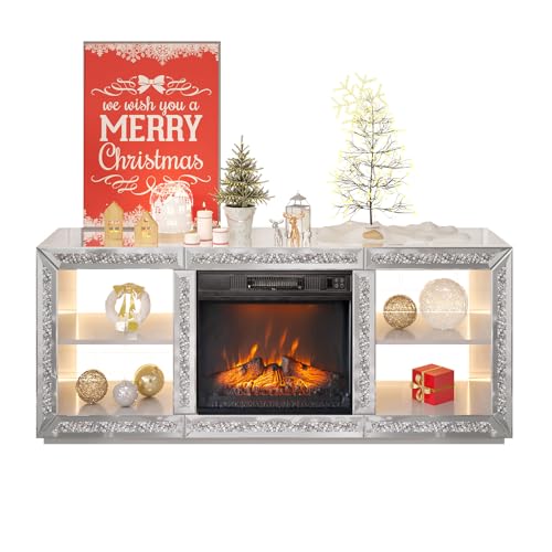 Bonnlo Mirrored Fireplace TV Stand for 70" TV, Diamond Entertainment Center with Shelves & 20 Color LED Lights, Modern Electric Fireplace TV Stand for Living Room/Bedroom (Assembled)