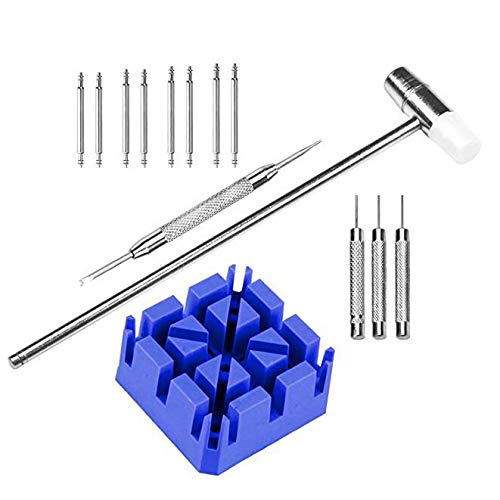 LHKJ Kit de Reparación de Relojes, Reparación de Relojes Removedor Cadenas Soporte de Correa de Reloj/Martillo/Pernos de Reloj/Delantero de Perno, Juego de Reparación de Herramientas de Relojero