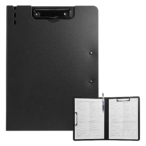 FRETONBA Clipboard Folder, A4 Foldable Clipboard with Horizontal and Vertical Double Metal Clips, 360 Degree Foldable Binder Clipboard with Pen Holder, File Cover Work Folder Clipboards, Black Cover