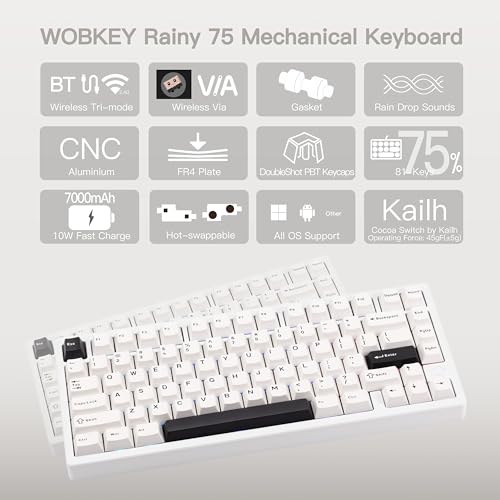 Image of KEEBMONKEY WOBKEY Rainy 75 CNC Aluminum HMX /JWK /Cocoa Switches Triple-Mode Connectivity Mechanical Keyboard with Superior Acoustics, RGB /FR4 /Silver SUS304 /7000mAh /Cocoa Switch (Pro - Luna)