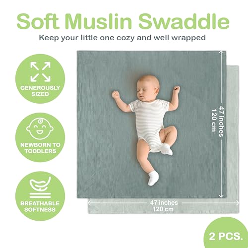 Image of Organic Muslin Baby Blanket 2 Pack Green & Mint Green, 47x47 Inch, 100% Organic Cotton Oeko-TEX Certified Ultra-Soft Swaddle Blanket for Newborn, Nature-Inspired Nursery Gift