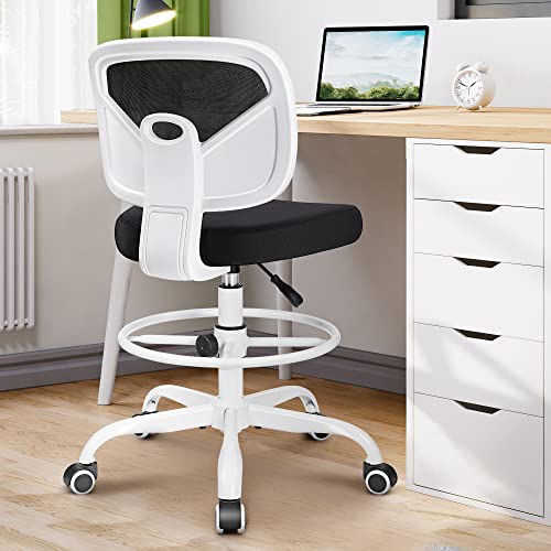 Image of Primy Armless Mid-Back Ergonomic Standing Desk Chair - Mesh Rolling Tall Chair, Adjustable Height and Footring, Art Room, Office or Home (White)