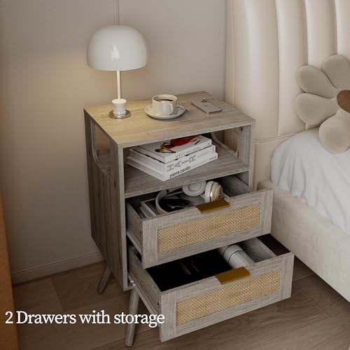 Image of JOONEE Rattan Nightstand,Farmhouse Bedside Table with 2 Storage Drawer and Open Wood Shelf, for Bedroom and Small Spaces,Night Stand with Solid Wood Legs (Grey Oak)