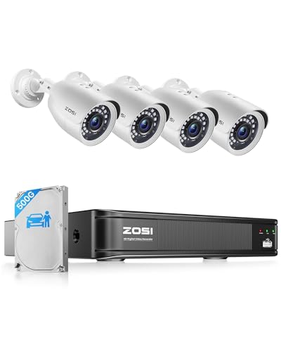 ZOSI H.265+ Full 1080p Home Security Camera System Outdoor Indoor, 8CH 5MP-Lite CCTV DVR with AI Human Vehicle Detection, 4 x 1080p Weatherproof Surveillance Bullet Camera, IR Night Vision, 500GB HDD