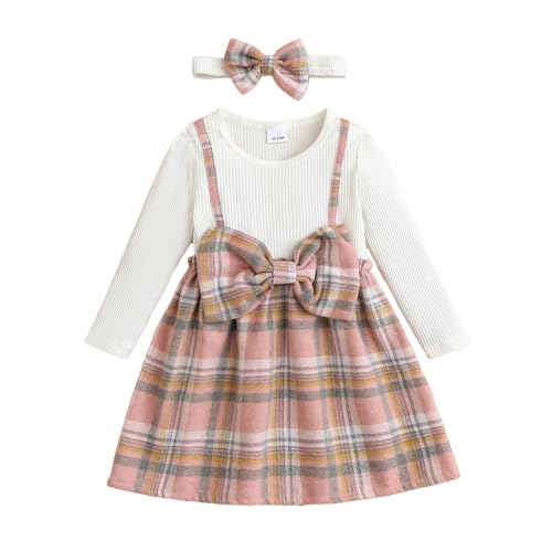 Image of Hopscotch Girls White Checkered Full-Sleeve Casual Dress with Headband