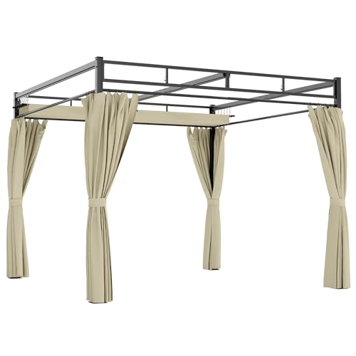 Outsunny Pergola de Jardin 3x3m avec Toit Rétractable - Tonnelle de Jardin Extérieur Acier Renforcé avec 4 Rideaux - Pavillon Colonnes 60mm et Protection...