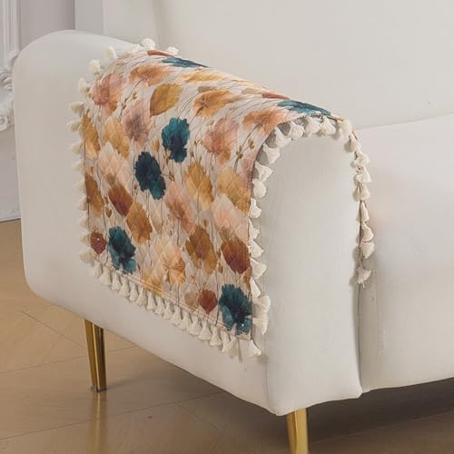 Image of HOKIPO Boho Wildflower Quilted Sofa Armrest Cover Mat - 1 Pair | 'Tassel Twigs' Series (IN-987-T11*2)