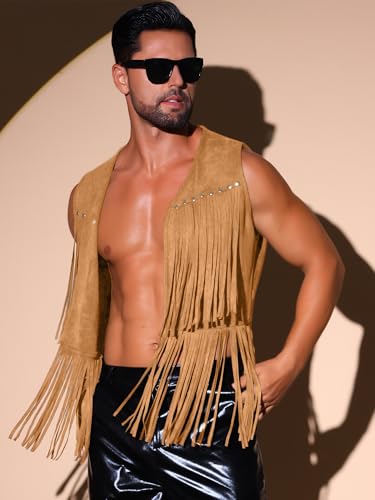 Lars Amadeus Fringe Vest for Men's Open Front Sleeveless Western 70s Suede Tassel Cardigan2