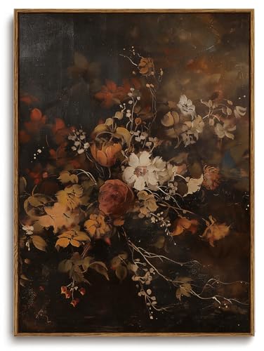 Image of KISSFOX Vintage Framed Wall Art Decor Rustic Floral Pictures Wall Decor Dark Botanical Canvas Art Prints Moody Flowers Paintings Artwork For Bedroom Living Room