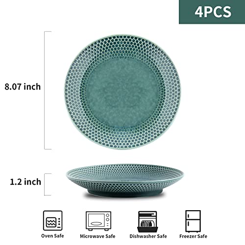 Yelloya 8 Inch Ceramic Salad Plates Set - Porcelain Dinner Plate Set Of 4 - Serving Plates For Dessert, Pizza, Pasta, Snack, Embossed Design, Dark Green #TOP1