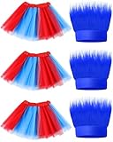 Tarpop 6 Pcs Blue Hairy Costume Headband Layered Tutu Skirt Set for Girls Aged 3-12 Includes 3 Troll Hair Headband and 3 Tulle Tutu Skirt Crazy Hair Wig for Kids Toddlers Cosplay Party Accessories