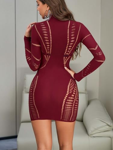 Image of AVZXSA Women's 2025 Sexy Club Mini Dress Lace Babydoll High Neck Long Sleeve Cutout Short Bodycon Dresses