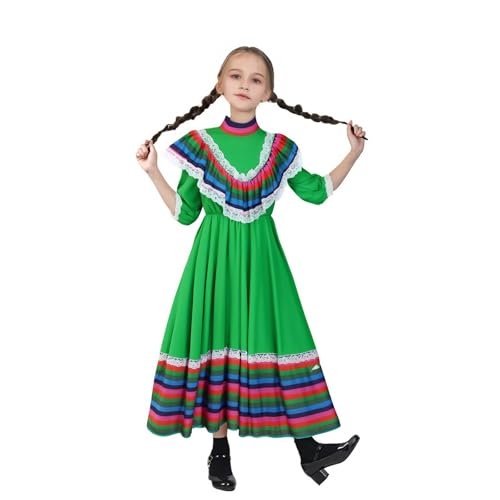 Generisch Costume de fille mexicaine à manches longues multicolore Halloween robe de princesse robe de soirée dansante vêtements (vert, 7-8 ans)