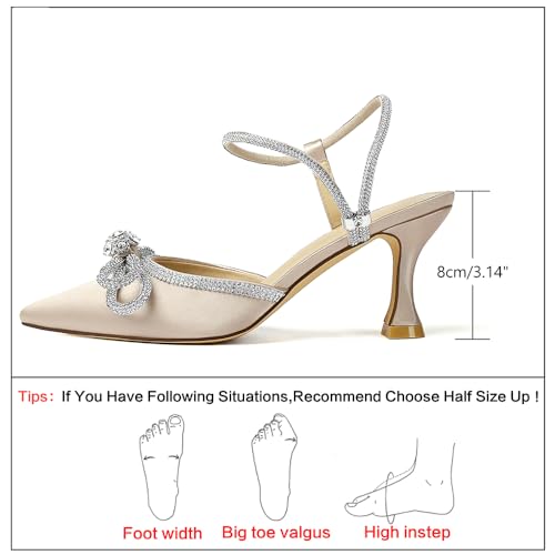 Image of Susanny Women's Closed Toe Rhinstone Wedding Low Heel Slingback Clear Kitten Heels,Adjustable Strap Pointed Toe Bow Pumps High Heeled Prom Dress Shoes