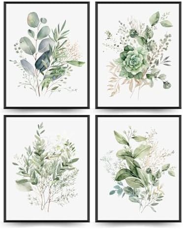 PLKMN Sage Green Botanical Wall Art Set of 4, Modern Wildflower P...