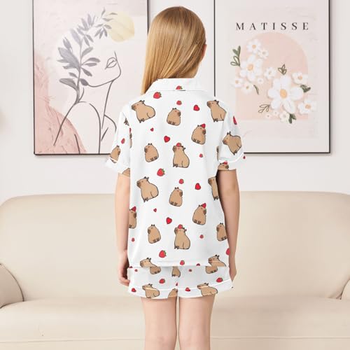 Lovely Capybara with Strawberry Yellow Summer Satin Pajama Set, Cute Button-Down Sleepwear Pj Set for Sleep Wears4