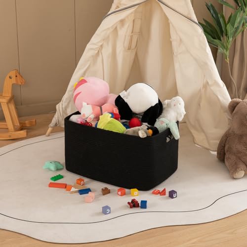 Image of OIAHOMY 75L Large Blanket Basket, Storage Baskets with Handle, Rectangle Woven Cotton Rope Basket, Toy Organizer Bins, 22 inch x 17 inchx 12 inch in,Charcoal Black