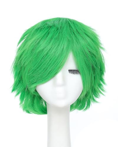 Image of Rose bud Anime Halloween Wig Green for Cosplay Party Synthetic Layered Short Hair Wigs with Bangs Pastel Funny Wigs for Women Men