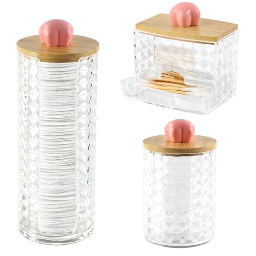 Hwtcjx 3 piezas Dispensador Discos Algodon, Dispensadores Discos Desmaquillantes, Caja de Almacenamiento de Hisopos de Algodón con Tapas de Bambú Contenedor, para Organizador de Almacenamiento de baño