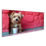 islandburner Tableau sur toile Petit chien avec gamelle devant mur rouge pour salon amoureux des animaux cabinet vétérinaire images murales poster