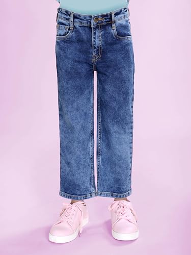 Image of KiddoPanti Girls Solid Waist Elasticated Straight Fit Jeans
