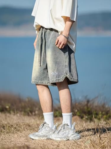 Image of GRECIILOOKS Denim Shorts for Men Stylish | Casual Knee Length Washed Jorts | Regular Fit Jeans Half Pant for Men with Distressed Design | Bermuda Mens Shorts for Summer Travel Streetwear