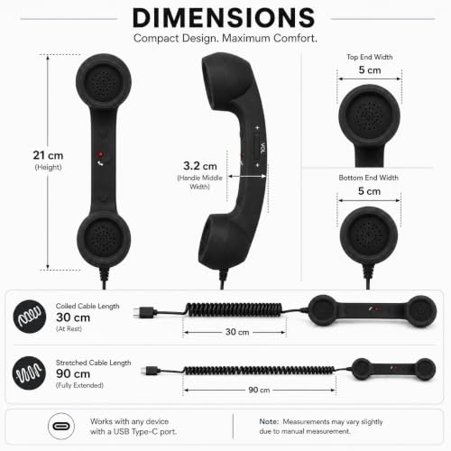 Image of Street27 Retro Phone Handset Compatible with Type-C Smartphones, Tablets & Computers, Corded Telephone Receiver with Noise Reduction, Volume Control & Answer Button for Calls and Meetings (Black)
