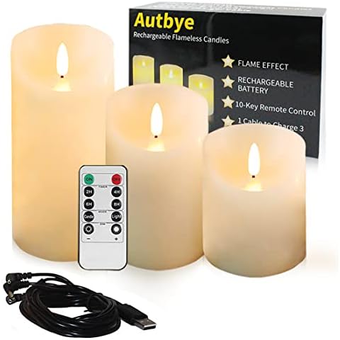 Autbye Flammenlose Elektrische Kerzen Wiederaufladbarer Batterie 3 Stück Tropfloses Echtes Wachs Säulen LED Flackern 10-Tasten-Fernbedienung Cover
