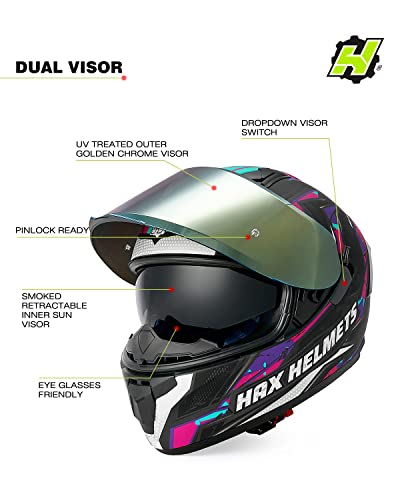 Image of HAX Obsidian Full Face Dual Visor Adult Motorcycle Helmet for Motorbike Street Bike with Pinlock Ready DOT Approved (Blaze Fuchsia,XL)