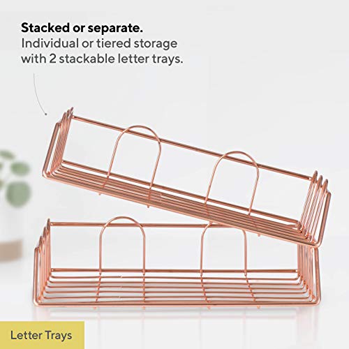 Mindspace Rose Gold Desk Organizer 5-Piece Set | Magazine File Holder, Mail Sorter, Pen Cup Holder, Stackable Letter Tray + Bonus Binder & Paper Clips Set with Box | Wire Collection