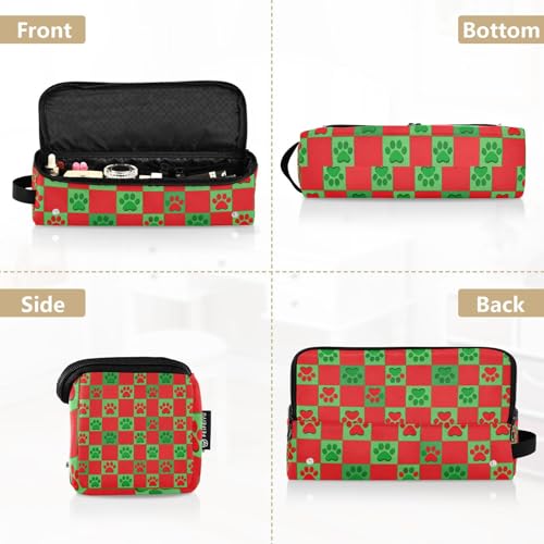 Bolsa de viaje y tapete resistente al calor para planchas y rizadores de cabello, con diseño de cuadros rojos y verdes con huellas de perro miniatura 5