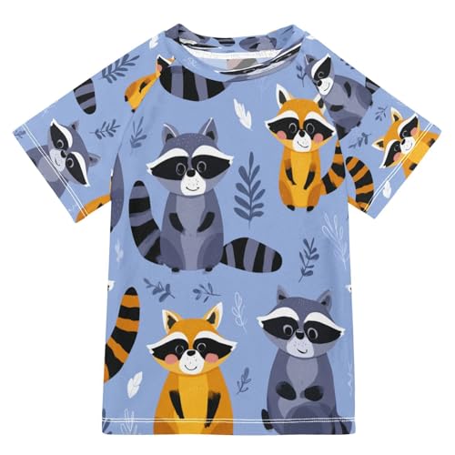 Boys Short Sleeve T-Shirts Raccoon Funny Cartoon Rashguard Kids Swim Shirts Sun UPF 50+