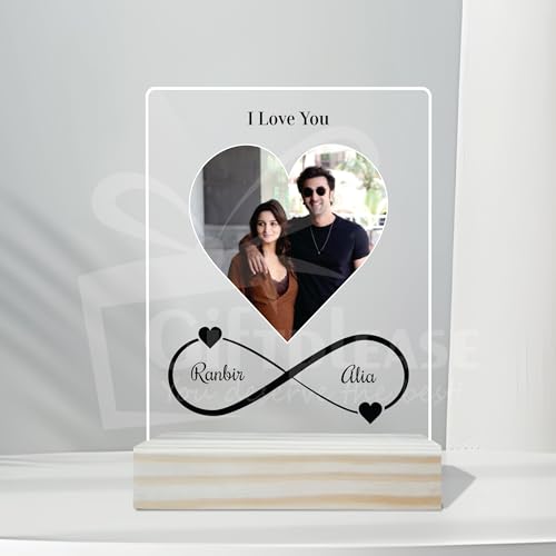 Image of Giftplease Customized Photo And Text Frame With Wooden Stand | Personalised Printed Photo Frame | Gift | Birthday | Anniversary (Transparent, 5MM, 6 * 8 Inches), Tabletop
