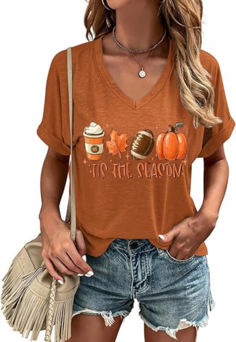 Butovek Women's Tis The Season Fall Halloween V Neck Shirt,Brown9,M