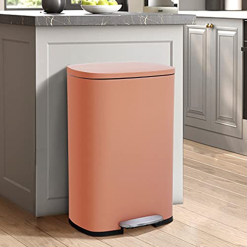 Image of Kitchen Trash Can with Lid, 13 Gallon Trash Can Stainless Steel Garbage Can With Foot Pedal & Removable Inner Bucket, Large Dog Proof Trashcan for Home Office, Soft-Close, Odor Protection, Pink