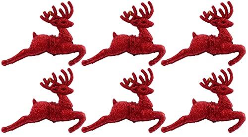 Pack of 6 - Hanging Glitter Reindeer Christmas Tree Decorations - 2.2cm x 9.5cm (Red) - Image 2
