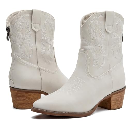 DADAWEN Western Boots For Women Embroidered Pointed Toe Cowgirl Boots Chunky Heel Cowboy Boots Pull On Outdoor Mid Calf Booties
