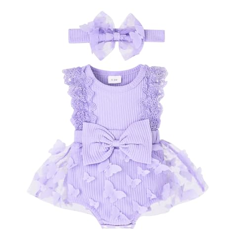 Focici Baby Girl Summer Clothes 6-9 Months Summer Cute Newborn Outfits Sleeveless Lace One Piece Romper +Headband 2Pcs Set Purple 6-9 Months cover
