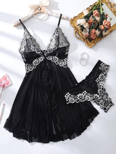 Image of Foxiny Sexy Ruffle Sheer Mesh Lace Wireless Babydoll Lingerie Dress with Thong 2 Piece