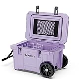 55 Quart Cooler with Wheels, Ice Chests Portable Camping Cooler Holds Ice up to 6 Days, Leak-Proof Outdoor Insulated Cooler with Handle, Cup Holders, Hard Cooler for Camping, Beach, Boat, Purple