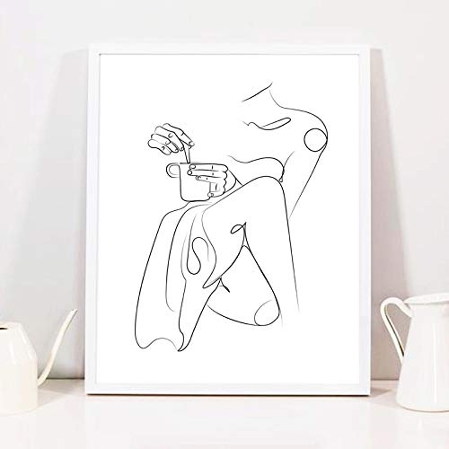 Tableau femme café dessin au trait impression sur toile d'art 50x70