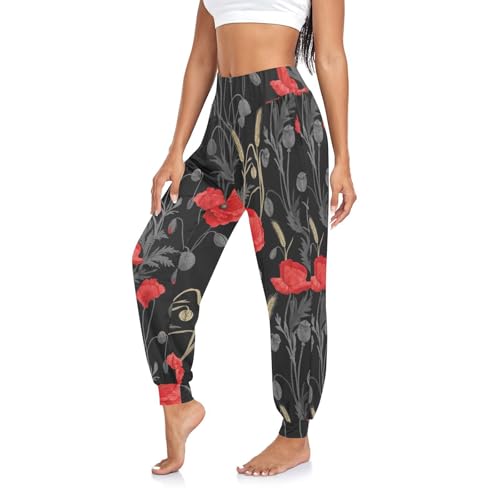 RPLIFE Pantalon sarouel noir à motif de coquelicot pour femme - Style hippie bohème - Taille haute, Fleur coquelicot noir, Taille L