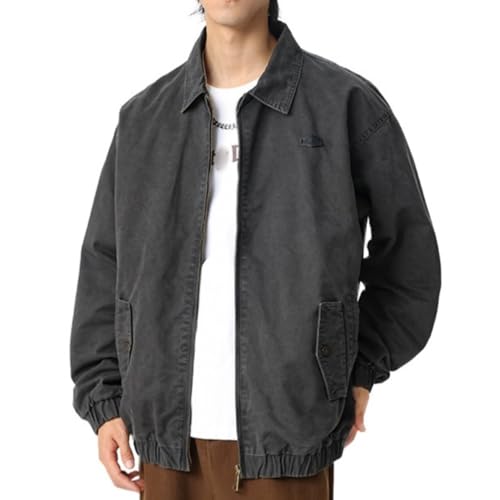 Men's Washed Cotton Bomber Jacket Fashion Zip Up Loose Fit Long Sleeve Jean Jackets