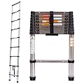 Telescoping Ladder 8.5ft/2.6m Stainless Steel Telescopic Extension Ladder Heavy Duty Collapsible Ladder Non-Slip Angled Feet Securing Strap Delicate Design for Home Loft RV Ladder 330 lbs Capacity