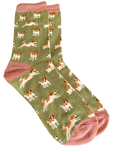 Purple Possum Socks Jack Russell Dog Print Ladies Blue Green Grey Soft Bamboo Cotton Blend Dogs Sock Gift Idea (Green/Pink) 1 Pair Size 4 to 7