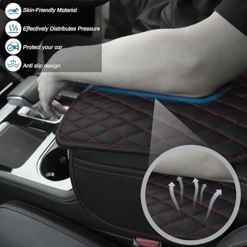 Ouzorp Car Center Console Cover, Upgraded Microfiber Leather Car Arm Rest Cover with 2 Storage Bags, Universal Armrest Cover for Car Storage Box Protector for Most Vehicle-Black with red line